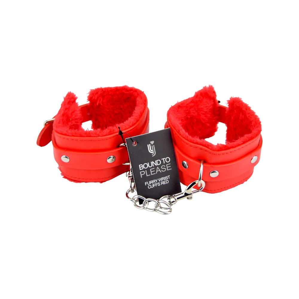 Bound to Please Furry Plush Wrist Cuffs Red