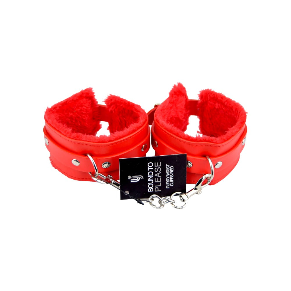 Bound to Please Furry Plush Wrist Cuffs Red